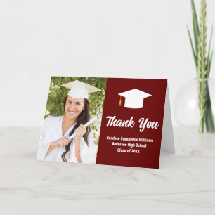 Maroon White Graduate Photo Chic Graduation Folded Thank You Card