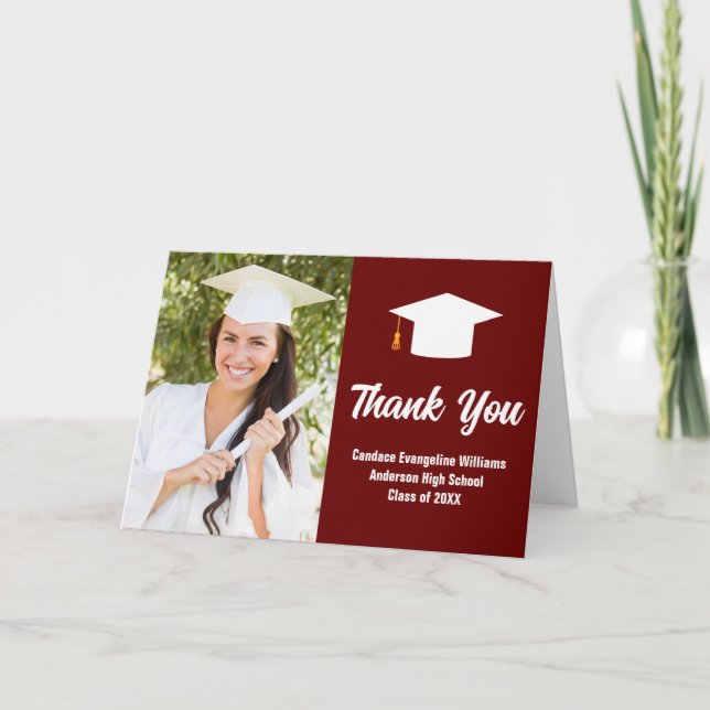 Maroon White Graduate Photo Chic Graduation Folded Thank You Card (Front)