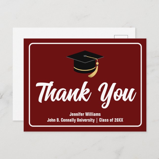 Maroon White Graduation Personalised Thank You Postcard (Front/Back)