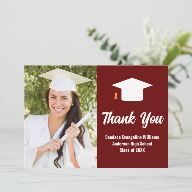 Maroon White Graduation Photo Personalised Thank You Card (Standing Front)