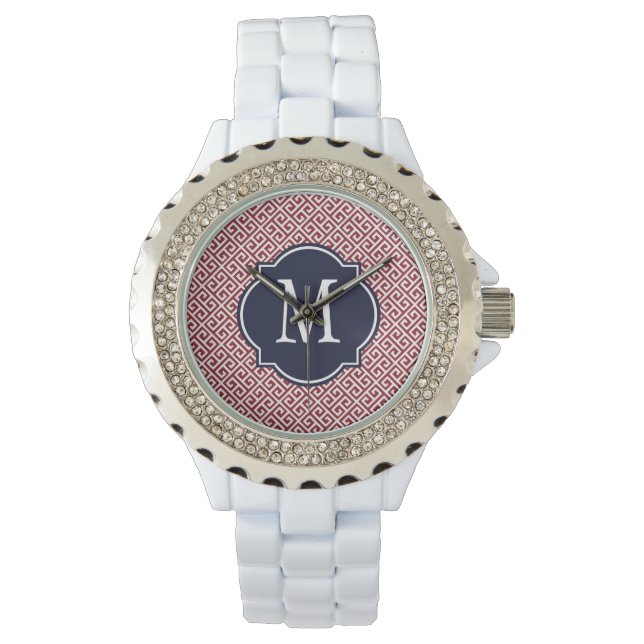 Maroon & White Greek Key Pattern Watch (Front)