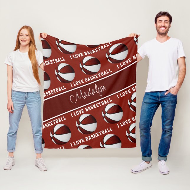 maroon white I love basketball girls sports decor Fleece Blanket (In Situ)