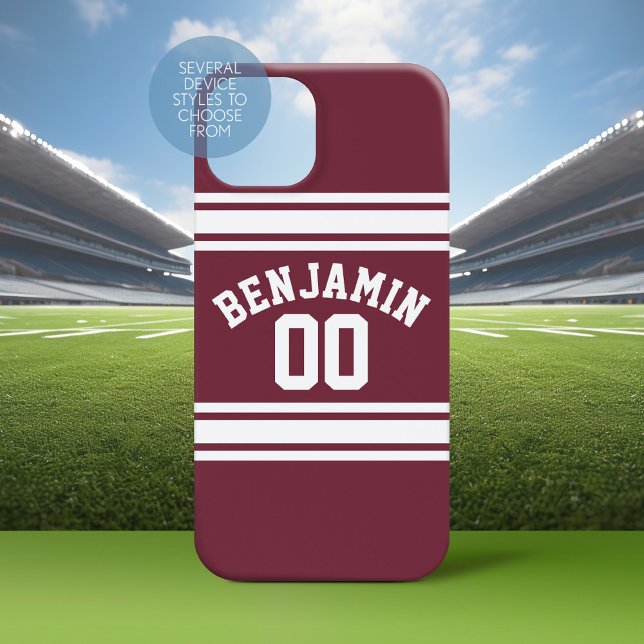 Maroon White Jersey Stripes Custom Name Number Case-Mate iPhone Case (Personalized Phone Case with a Football Jersey Stripe Design)