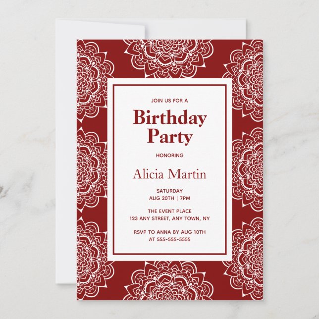 Maroon & White Mandala Flower Birthday Party Invitation (Front)