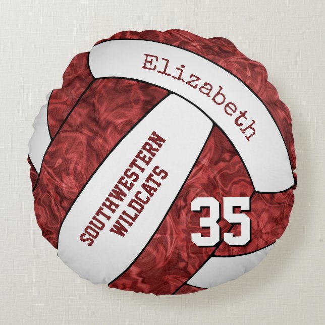 maroon white personalised girls volleyball round cushion (Front)