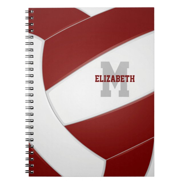 Maroon white personalized girls boys volleyball notebook (Front)