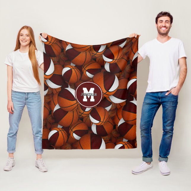 maroon white school colours boys girls basketball fleece blanket (In Situ)