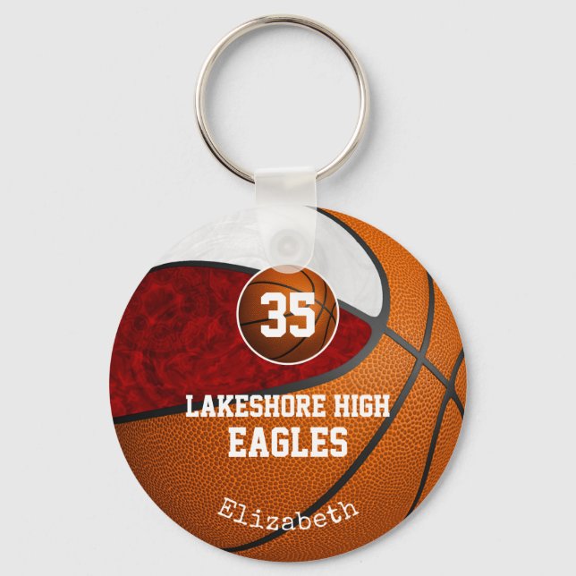 maroon white school pride girls' basketball team key ring (Front)