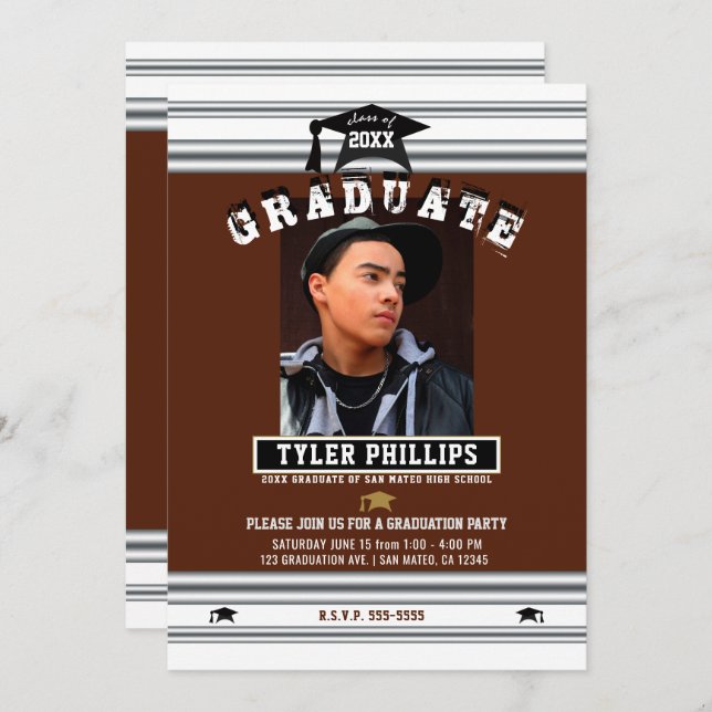 Maroon White & Silver Graduation Photo Party  Invitation (Front/Back)