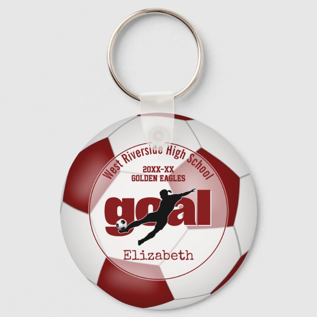 maroon white soccer ball goal girls' team spirit key ring (Front)
