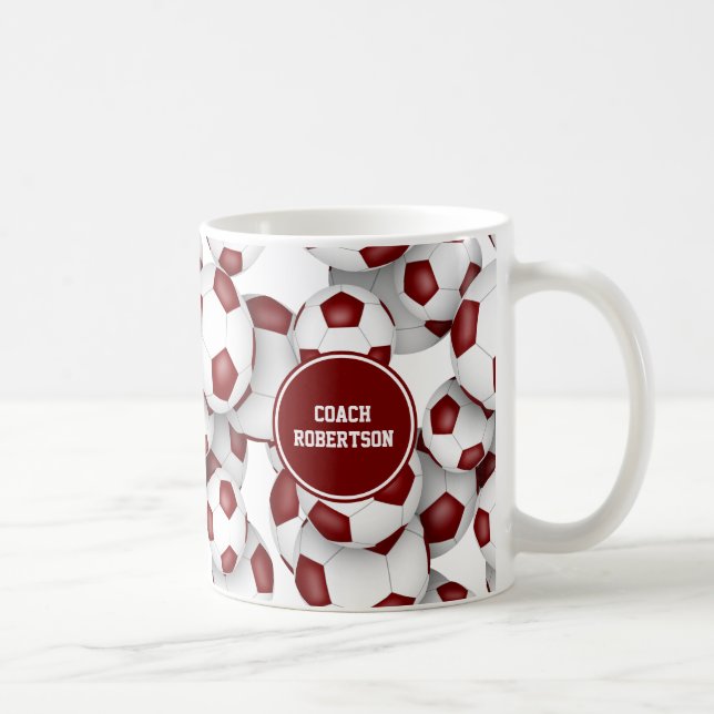 Maroon white soccer sports team colours coach name coffee mug (Right)