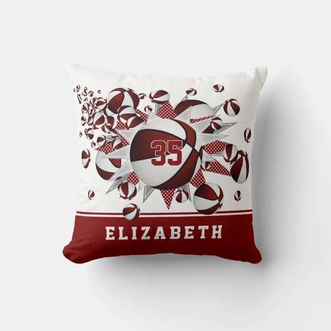 maroon white sports room girls basketballs stars cushion (Front)