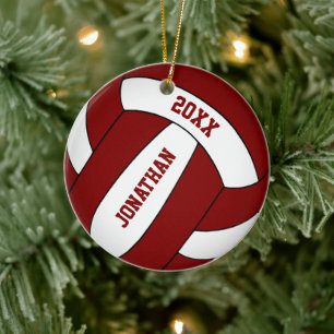 maroon white sports team colours boys volleyball ceramic tree decoration