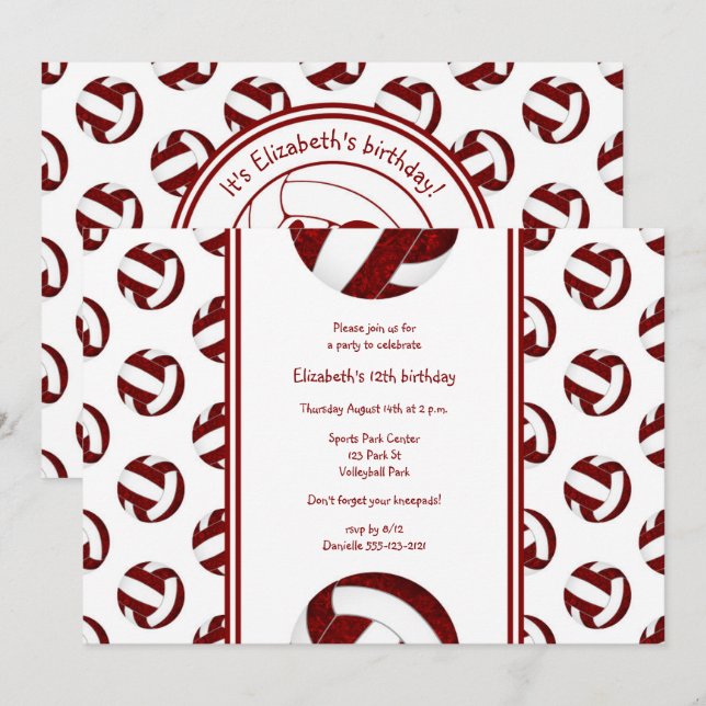maroon white sporty girl volleyball birthday party invitation (Front/Back)