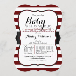 Maroon & White Stripes; Elegant Baby Shower Invitation