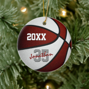 maroon white team colours boys girls basketball ceramic tree decoration