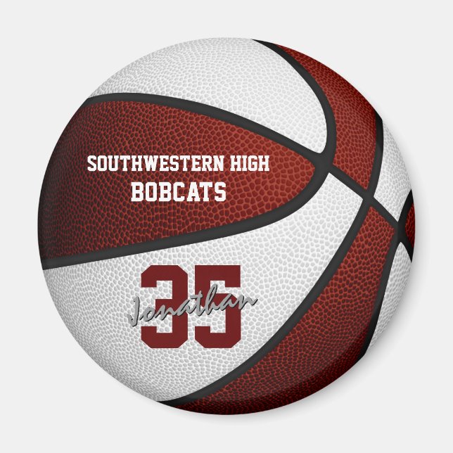 maroon white team colours boys girls basketball magnet (Front)