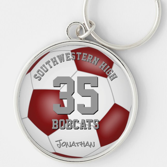 maroon white team colours boys girls name soccer key ring (Front)