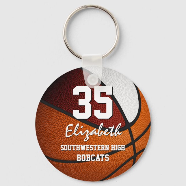Maroon white team colours girls boys basketball key ring (Front)