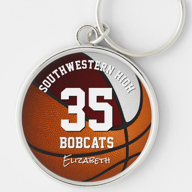 maroon white team colours girls boys basketball key ring (Front)