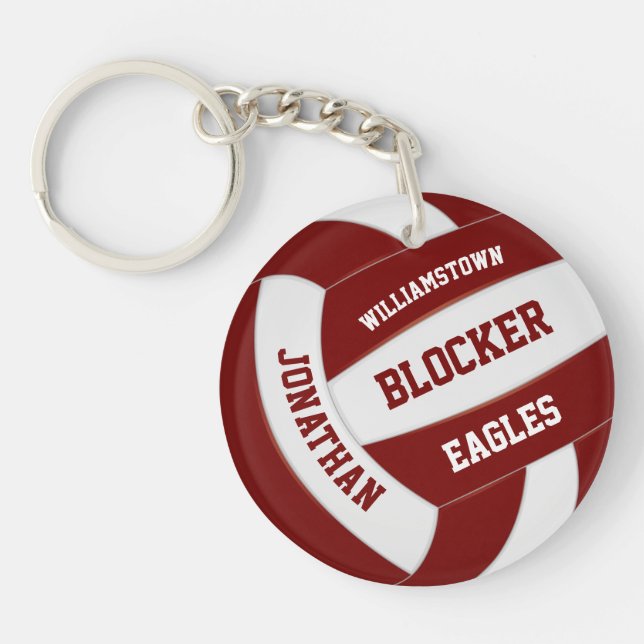 maroon white team colours personalised volleyball key ring (Front)