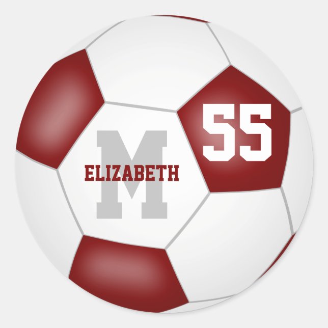 maroon white team colours soccer ball personalised classic round sticker (Front)