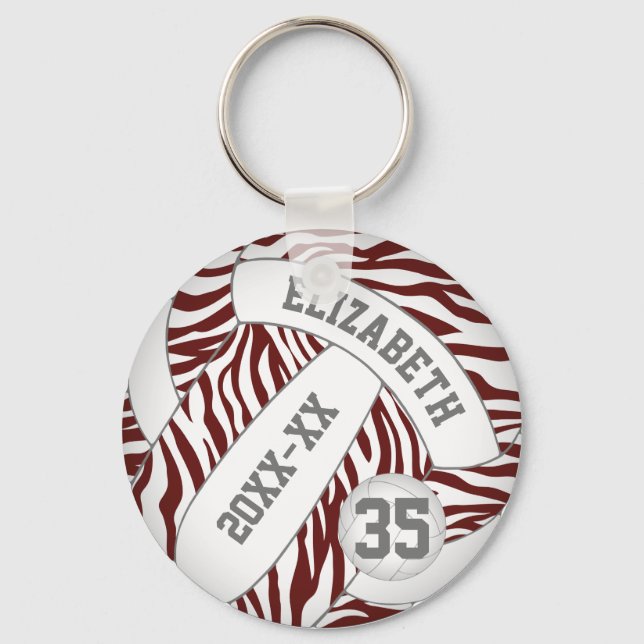 maroon white zebra stripes girls volleyball key ring (Front)