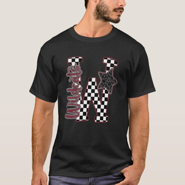 Maroon Wildcats Checkered Print Star Leopard Schoo T-Shirt (Front)