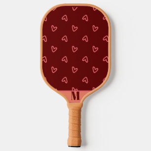 Maroon with Pink Hearts Modern Monogram Pickleball Paddle