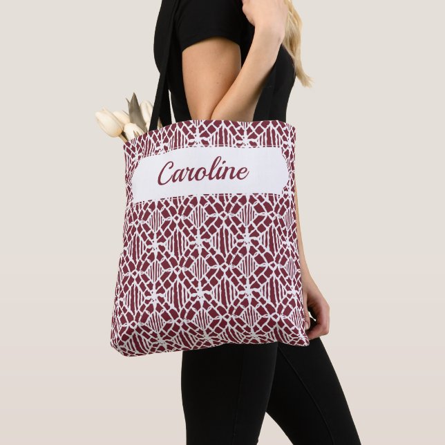 Maroon With White Crochet Lace Pattern Tote Bag (Close Up)