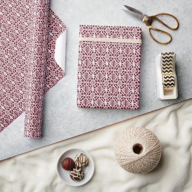 Maroon With White Crochet Lace Pattern Wrapping Paper (Crafts)