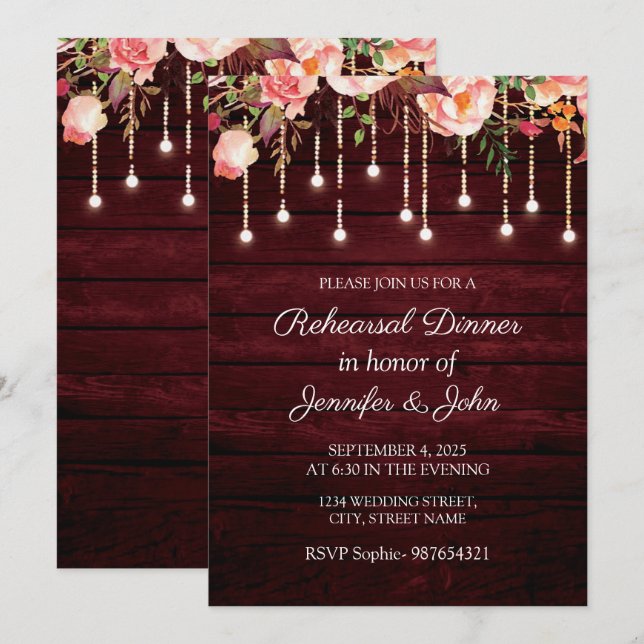 Maroon Wooden Rustic Wedding Rehearsal Dinner Invitation (Front/Back)