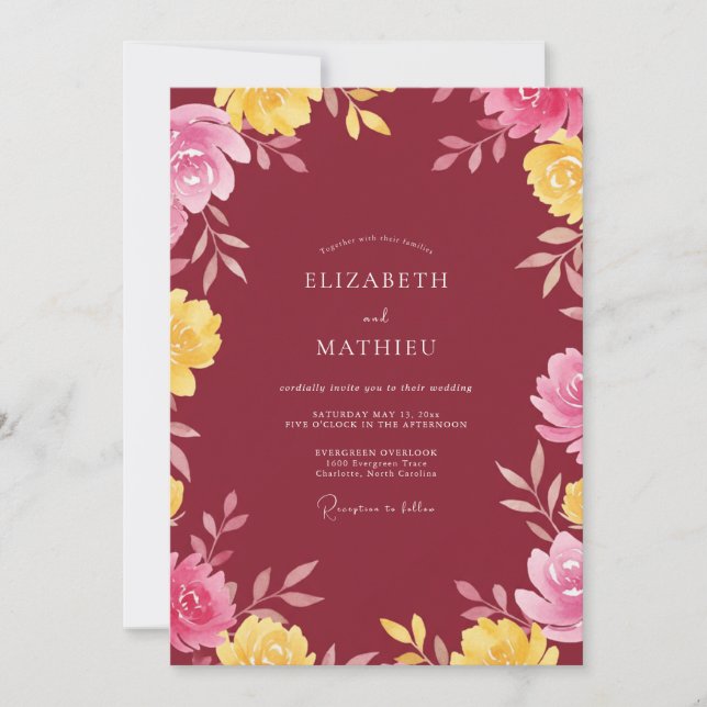 Maroon Yellow Bloom Wedding Invitation (Front)