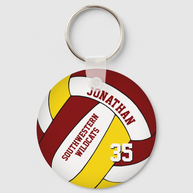 maroon yellow personalised boys' volleyball key ring (Front)