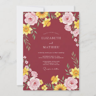 Maroon Yellow Sunflower Eucalyptus Wedding Invitation