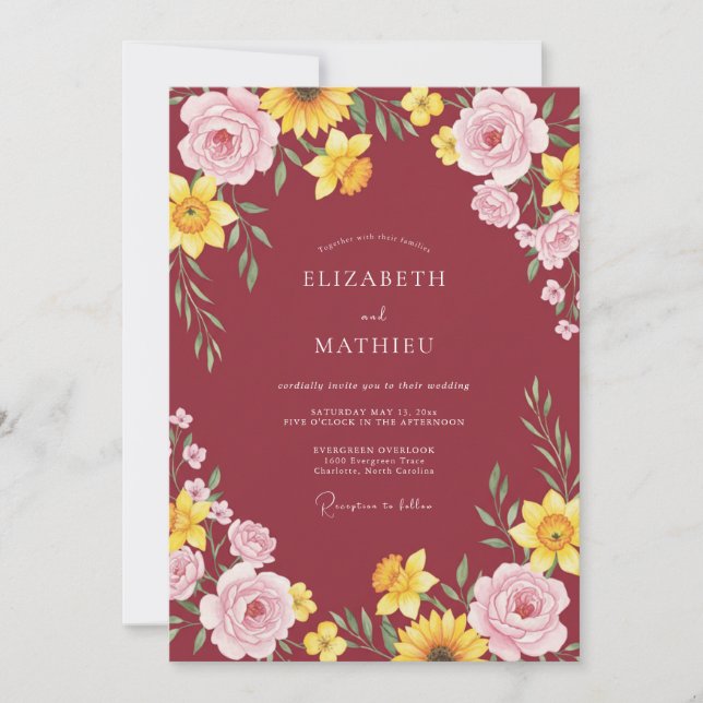 Maroon Yellow Sunflower Eucalyptus Wedding Invitation (Front)