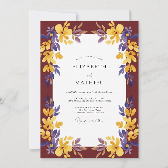Maroon Yellow Wildflower Wedding Invitation (Front)