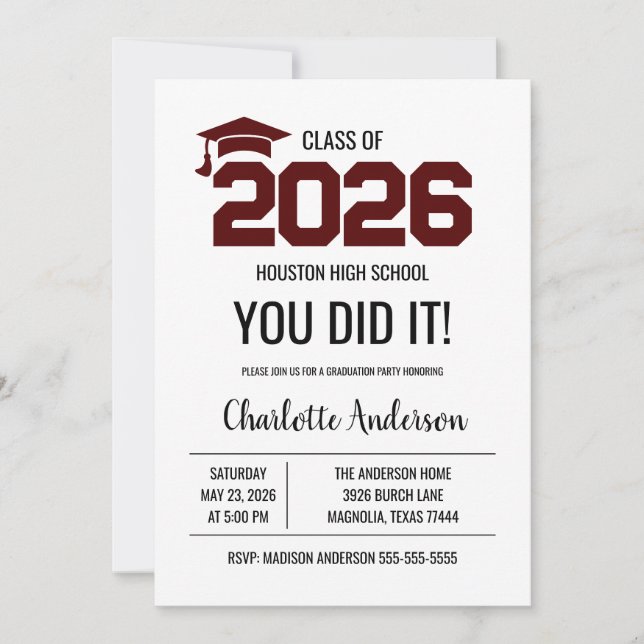 Maroon You Did It Graduation Photo Invitation (Front)