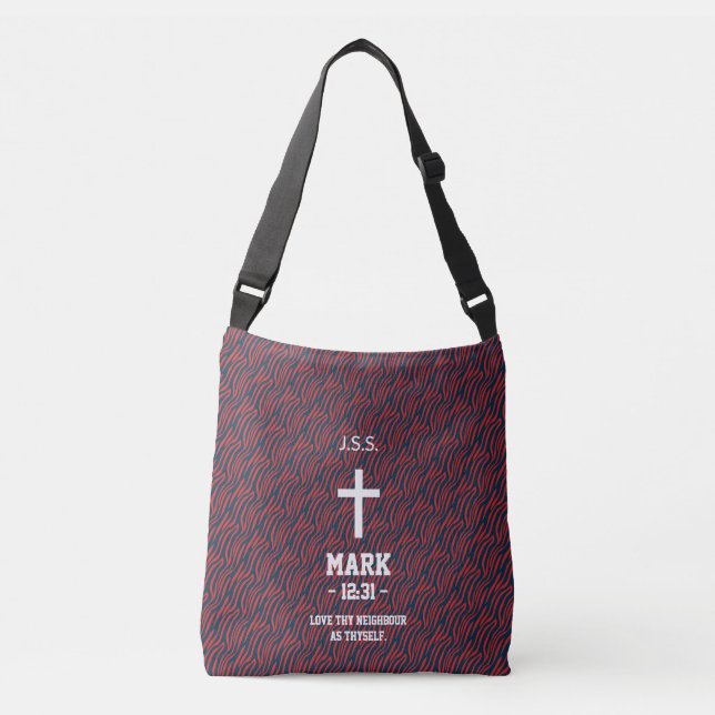 Maroon Zebra Stripes Pattern Bible Verse Christian Crossbody Bag (Front)