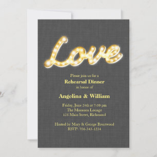 Marquee Lights Rehearsal Dinner Invite Grey Burlap