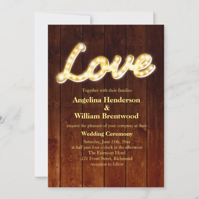 Marquee Lights Wedding Invite - barn board (Front)