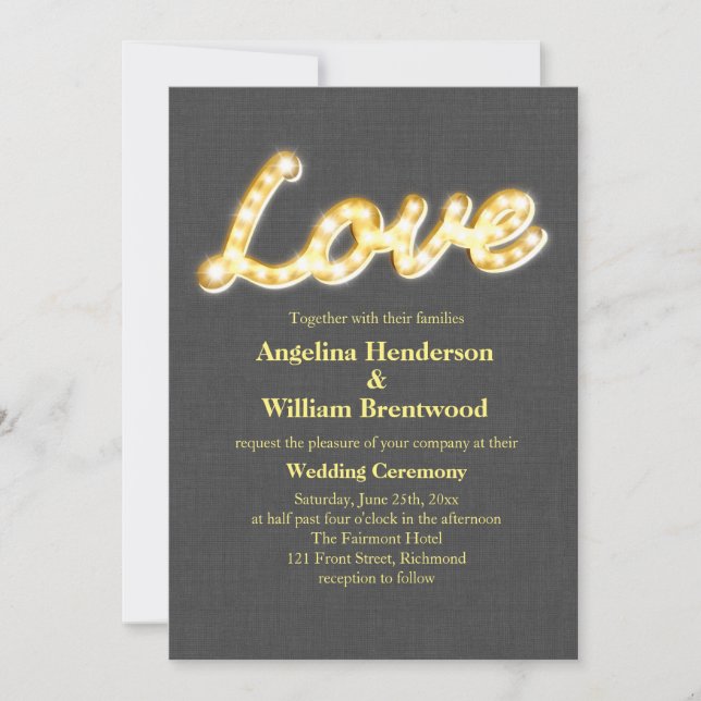Marquee Lights Wedding Invite Grey Burlap (Front)