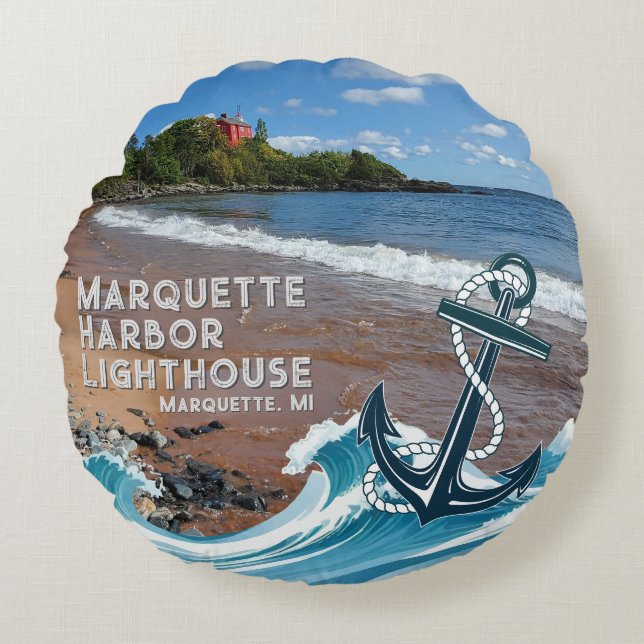 Marquette Harbour Lighthouse, Marquette, MI  Round Cushion (Front)