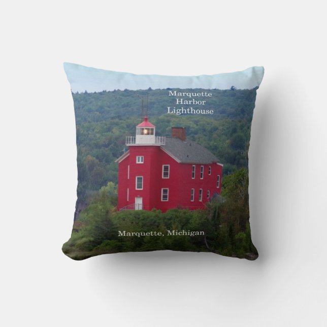 Marquette Harbour Lighthouse water square pillow (Front)