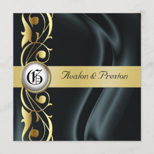 Marquis Black Silk Gold Scroll Pearl Invitation