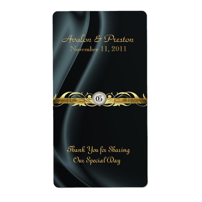 Marquis Black Silk Gold Scroll Wine Wedding Label (Front)