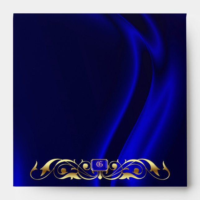 Marquis Blue Silk Gold Scroll Monogram Envelope (Front)