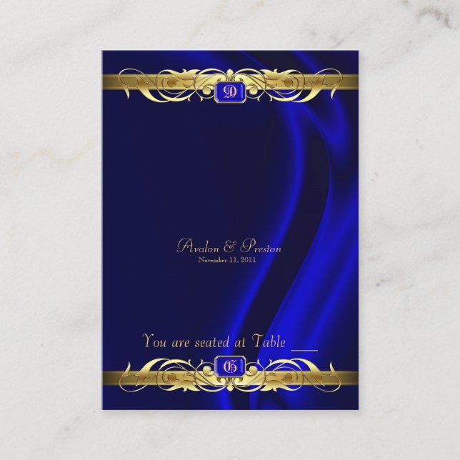 Marquis Blue Silk Gold Scroll Table Placecard (Front)