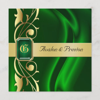 Marquis Green Silk Gold Scroll Emerald Invitation
