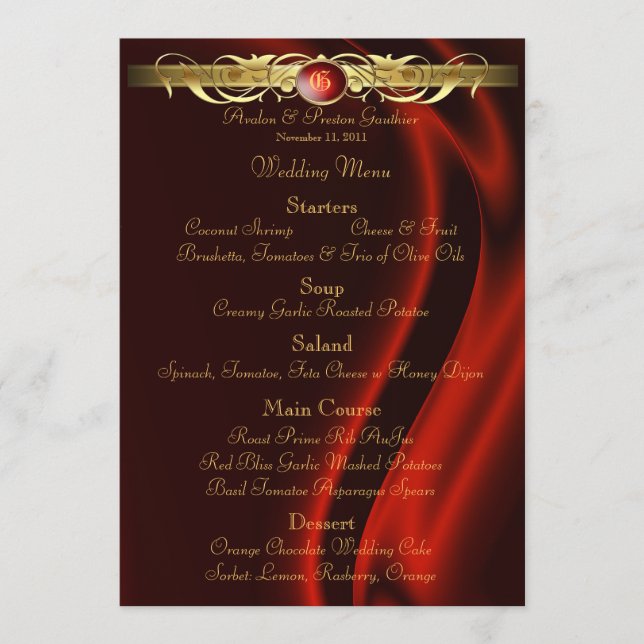 Marquis Red Silk Gold Scroll Wedding Menu (Front)